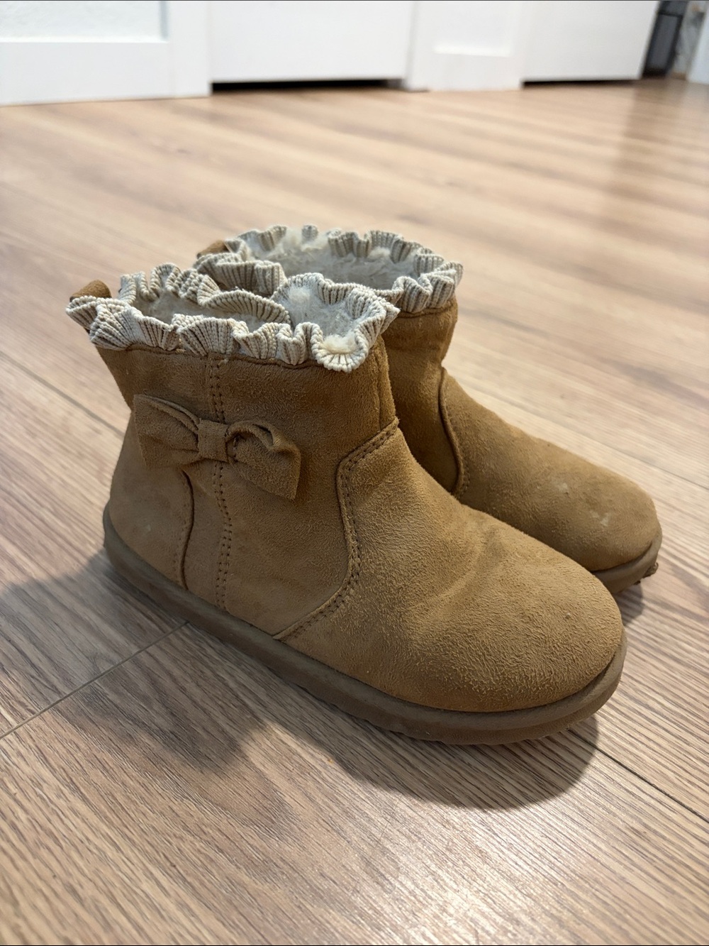 wonder nation Tan Suede Bow Ankle Boots with Ruffle Trim